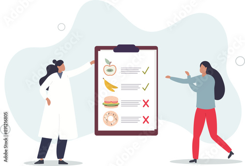 Male nutritionist is consulting patient in clinic.Dietician advise for weight loss. Meal plan healthy eating on clipboard.flat design.illustration with people.