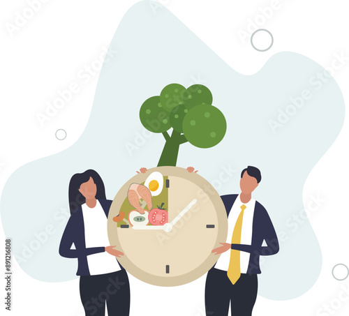 Intermittent fasting with time window for food eating. Healthy diet for weight loss and blood sugar control.flat design.illustration with people.