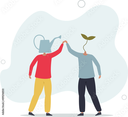 Mentor to help career growth, coaching or education for growth mindset, growing seedling plant, help or assistance, business support concept.flat design.illustration with people.