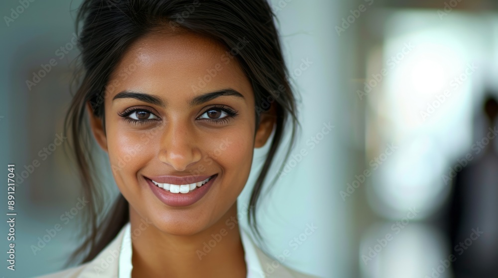 Confident smiling woman portrait. Close up portrait of a confident young woman smiling. She has long black hair and is wearing a white shirt. Confident smiling woman portrait. Close up portrait of a confident young woman smiling. She has long black hair and is wearing a white shirt.