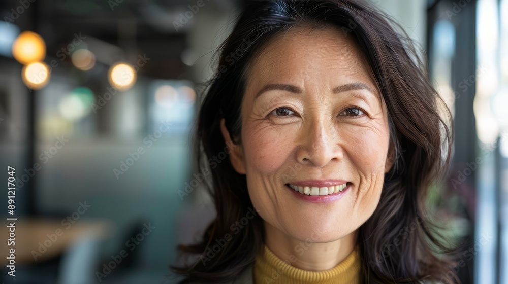 Happy woman portrait in office. Close-up portrait of a smiling Asian woman with long hair, looking directly at the camera, in a professional office setting. Happy woman portrait in office. Close-up portrait of a smiling Asian woman with long hair, looking directly at the camera, in a professional office setting.
