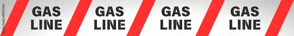 Gas line reflective shiny tape with red stripe. Buried gas line horizontal warning sign stripe. Silver background, gas line text Gas line reflective shiny tape with red stripe. Buried gas line horizontal warning sign stripe. Silver background, gas line text