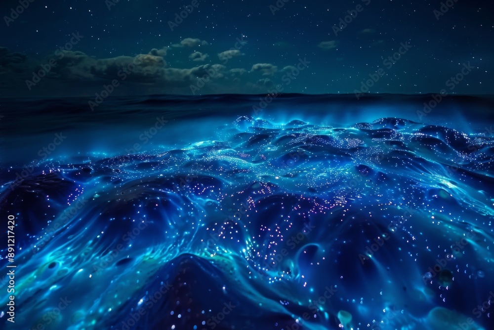 Fototapeta premium A magical night-time scene of bioluminescent plankton glowing in the ocean. The waters shimmer with a natural light show, creating a mesmerizing and enchanting display of bioluminescence