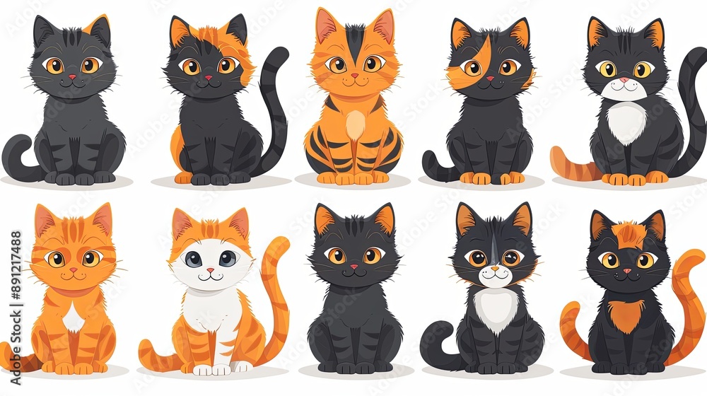 vector, illustration, Cute and funny cats doodle vector set. Cartoon cat or kitten characters design collection with flat color in different poses. Set of purebred pet animals isolated on white backgr vector, illustration, Cute and funny cats doodle vector set. Cartoon cat or kitten characters design collection with flat color in different poses. Set of purebred pet animals isolated on white backgr