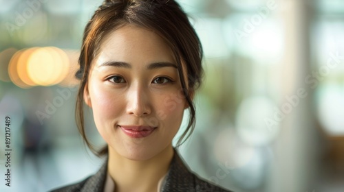 Smiling woman portrait with bokeh background. Closeup portrait of a young woman smiling, against a blurry background with bokeh lights.