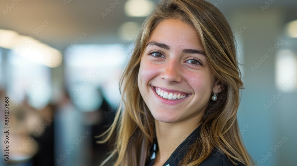 Smiling woman with long hair. A portrait of a young woman with long brown hair, smiling sincerely at the camera. Smiling woman with long hair. A portrait of a young woman with long brown hair, smiling sincerely at the camera.