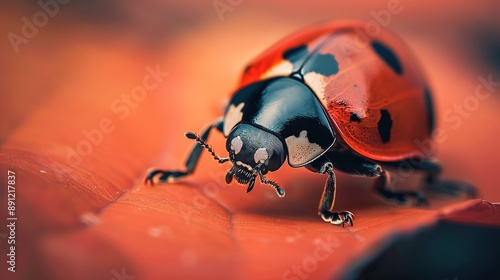 Closeup of a Ladybug Insect, Featuring Macro Photography of a Small, Cute Ladybird in Vibrant Red, Capturing Its Natural Wildlife Details photo