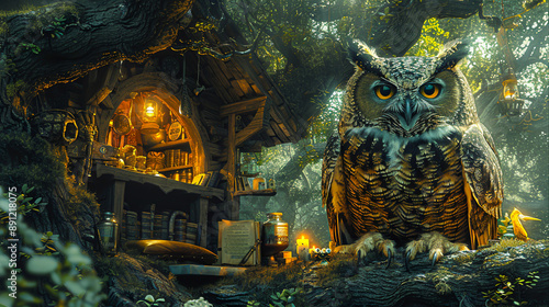 Enchanting Owl Merchant in a Mystical Forest Shop with Ancient Scrolls and Potions