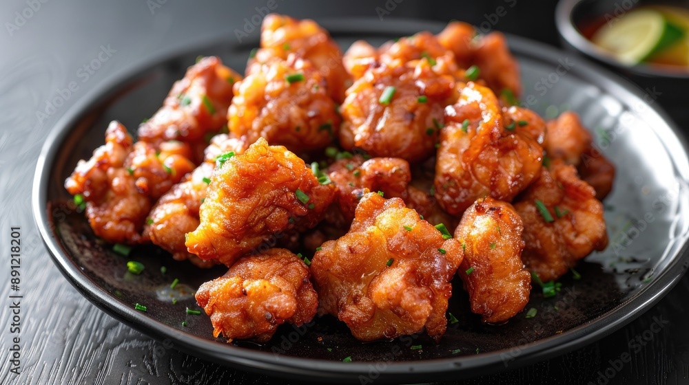 Japanese Karaage Chicken Closeup in Black Plate Japanese Karaage Chicken Closeup in Black Plate