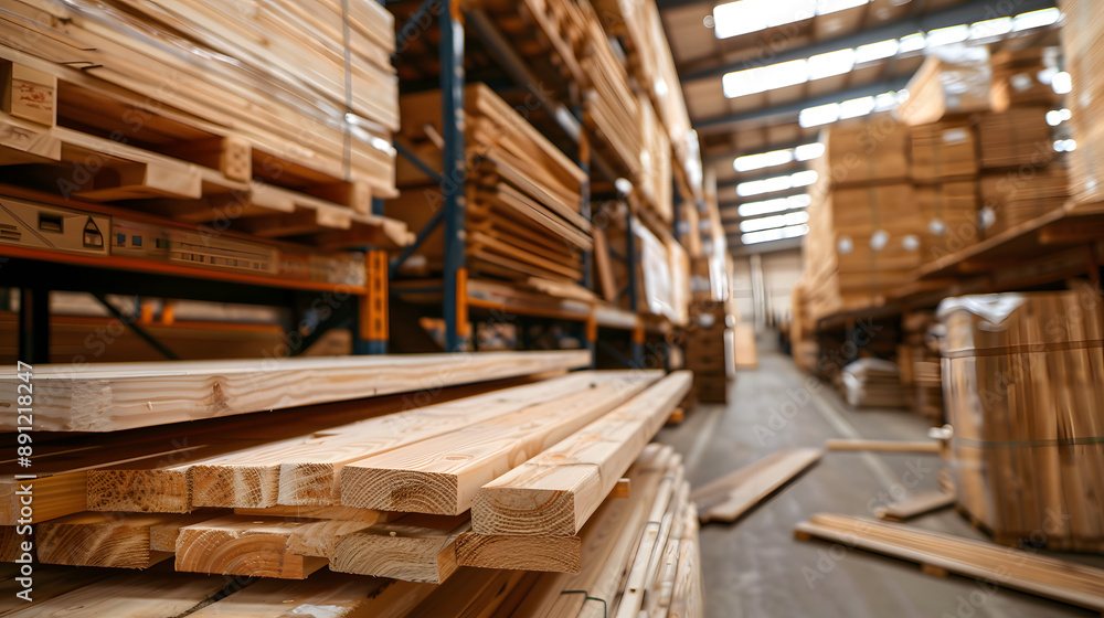 An organized view of stacked lumber in a woodworking warehouse. The image highlights the efficient storage and orderly arrangement of wooden planks within an industrial environment. An organized view of stacked lumber in a woodworking warehouse. The image highlights the efficient storage and orderly arrangement of wooden planks within an industrial environment.