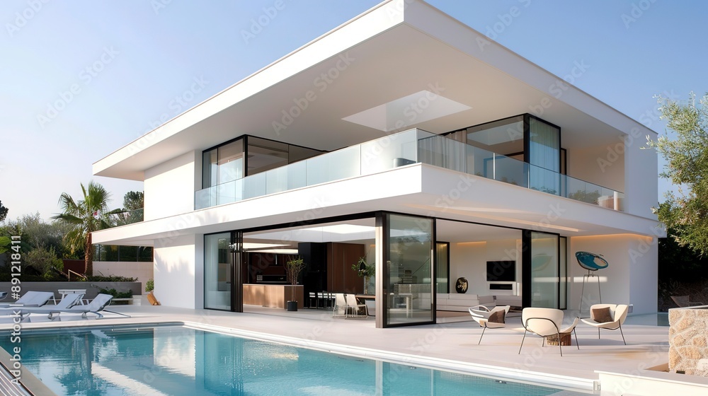 Modern minimalist white house with glass windows and a swimming pool Modern minimalist white house with glass windows and a swimming pool