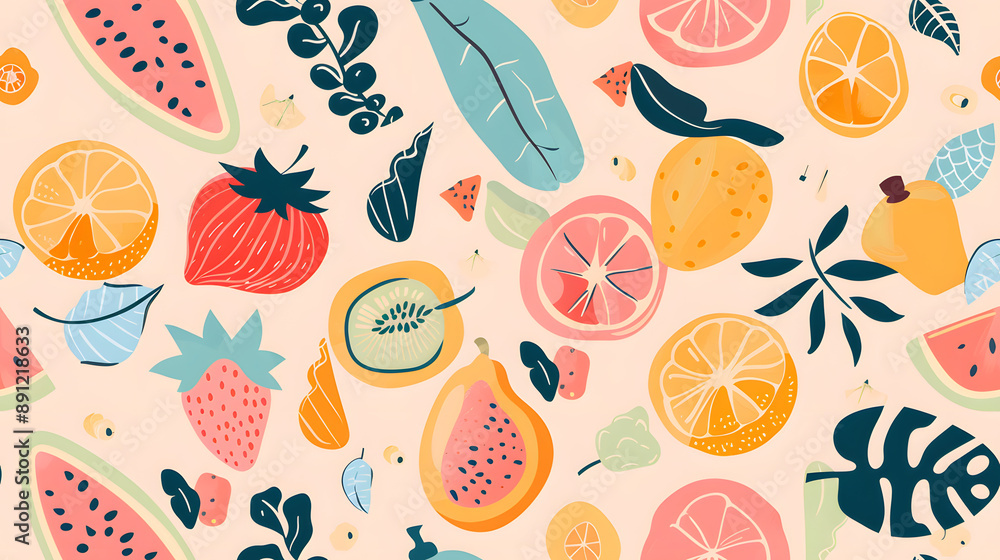 A seamless pattern featuring assorted fruits such as strawberries, watermelons, oranges, and lemons, along with various leaves on a light background. Perfect for vibrant and summery designs. A seamless pattern featuring assorted fruits such as strawberries, watermelons, oranges, and lemons, along with various leaves on a light background. Perfect for vibrant and summery designs.
