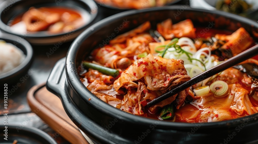 Kimchi stew with vegetables and meat in a black pot meat picked with chopsticks Kimchi stew with vegetables and meat in a black pot meat picked with chopsticks