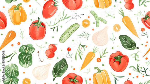 A seamless pattern featuring a vibrant mix of vegetables and herbs, including tomatoes, bell peppers, carrots, and cucumbers, on a white background. Ideal for fresh, healthy design projects.