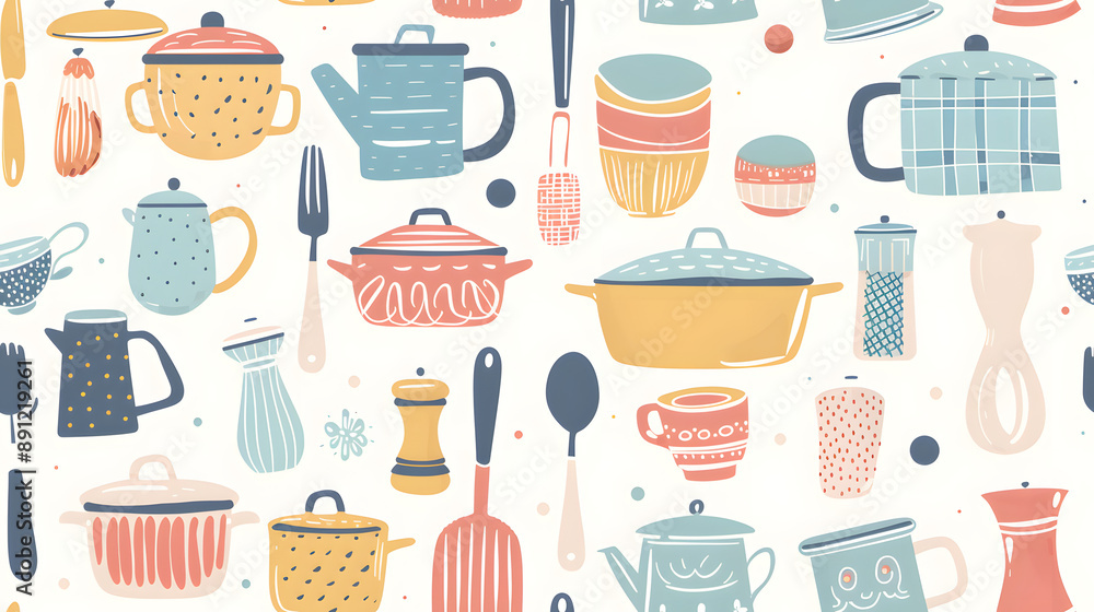 A seamless pattern featuring a variety of colorful kitchenware and utensils on a white background. Ideal for kitchen-themed designs, home decor, and culinary projects. A seamless pattern featuring a variety of colorful kitchenware and utensils on a white background. Ideal for kitchen-themed designs, home decor, and culinary projects.