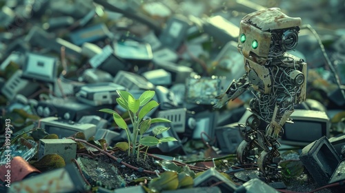 Robot amidst electronic waste with emerging life. A robot stands amidst a pile of discarded electronics, with a small plant emerging from the debris, symbolizing hope and renewal. © Lull