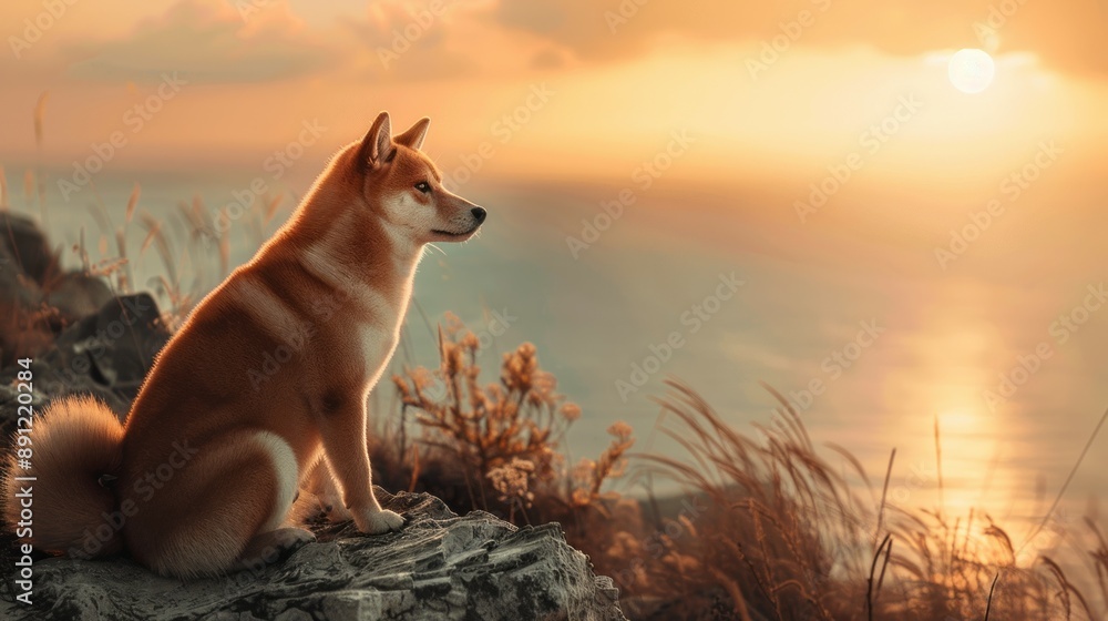 Dog watching sunset on clifftop. A red dog sits on a clifftop, gazing out at the ocean as the sun sets in the distance. Dog watching sunset on clifftop. A red dog sits on a clifftop, gazing out at the ocean as the sun sets in the distance.