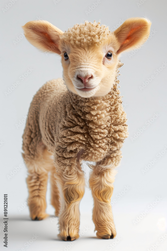 Adorable curly-haired baby lamb standing on a white background, showcasing its cute and innocent features. Perfect for animal and farm-related imagery. Adorable curly-haired baby lamb standing on a white background, showcasing its cute and innocent features. Perfect for animal and farm-related imagery.