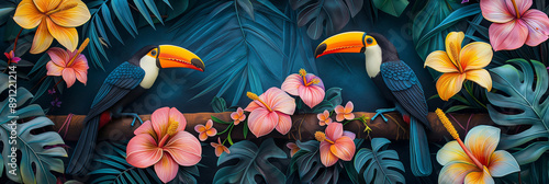 banner of painting colorful tropical flowers with two beautiful Knobbed Hornbills sitting on a branch in the forest,tropical flowers, orchids, anthuriums and green leave .