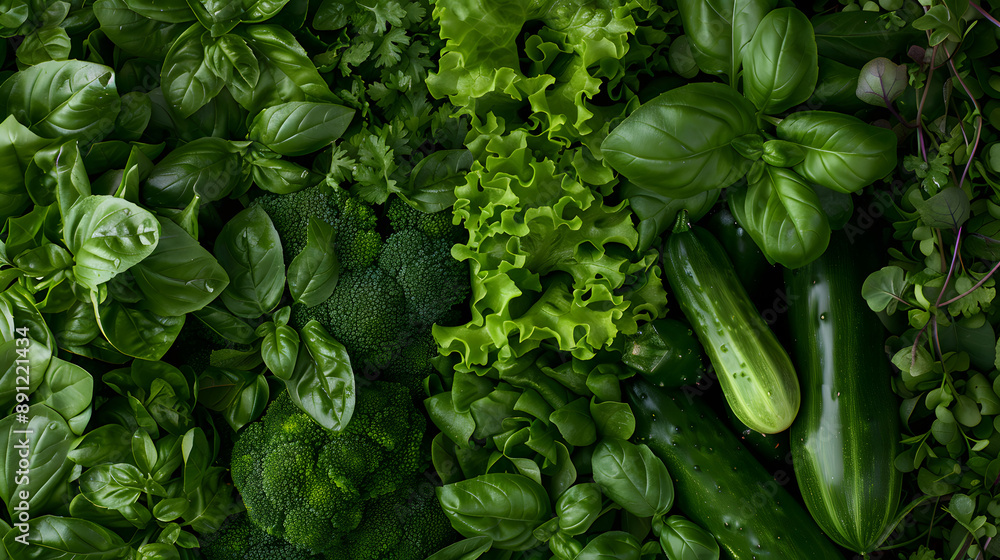 A variety of fresh green vegetables, including basil, lettuce, cucumbers, and spinach. Ideal for themes related to healthy eating, nutrition, and fresh produce. A variety of fresh green vegetables, including basil, lettuce, cucumbers, and spinach. Ideal for themes related to healthy eating, nutrition, and fresh produce.