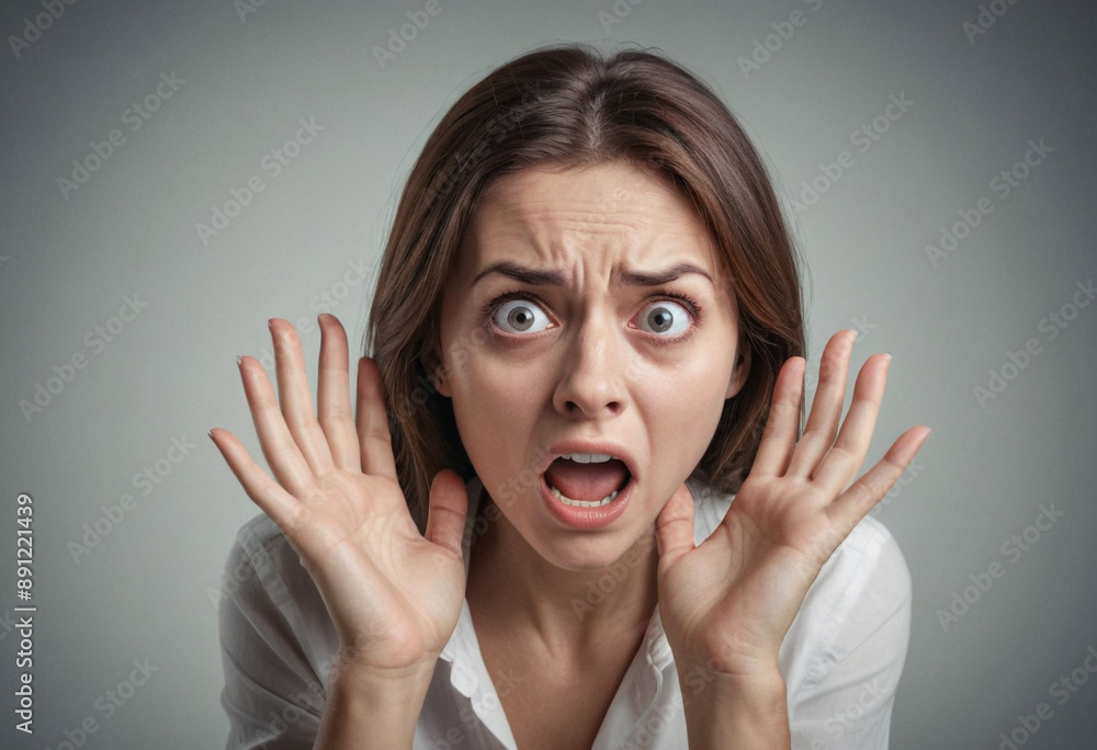Fear: Terrified expression, hands raised in defense. Fear: Terrified expression, hands raised in defense.