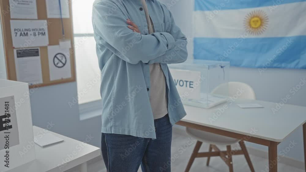 Hispanic man standing indoors with arms crossed in an argentinian election room featuring a voting box and flag Hispanic man standing indoors with arms crossed in an argentinian election room featuring a voting box and flag
