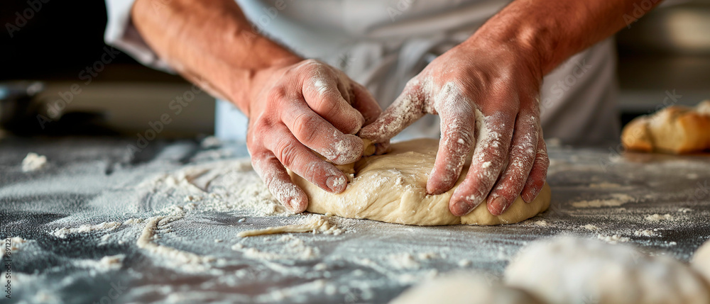 Artisan chef expertly kneading dough with hands. Artisan chef expertly kneading dough with hands.