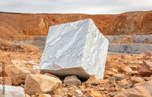 a marble block partially extracted, left in an abandoned quarry, field of dept deep odject, all cover focus text, for spacecopy photo