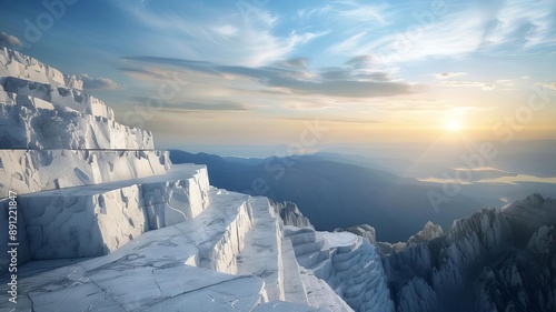 a marble quarry nestled in the heart of a majestic mountain range, field of dept deep odject, all cover focus text, for spacecopy photo