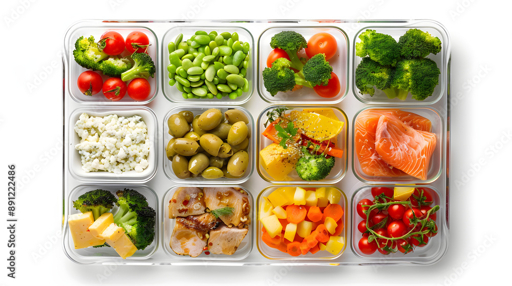 Top view of assorted healthy meal prep ingredients in a divided container. Includes cherry tomatoes, edamame, broccoli, feta cheese, olives, salmon, and various vegetables, ideal for nutrition and mea Top view of assorted healthy meal prep ingredients in a divided container. Includes cherry tomatoes, edamame, broccoli, feta cheese, olives, salmon, and various vegetables, ideal for nutrition and mea