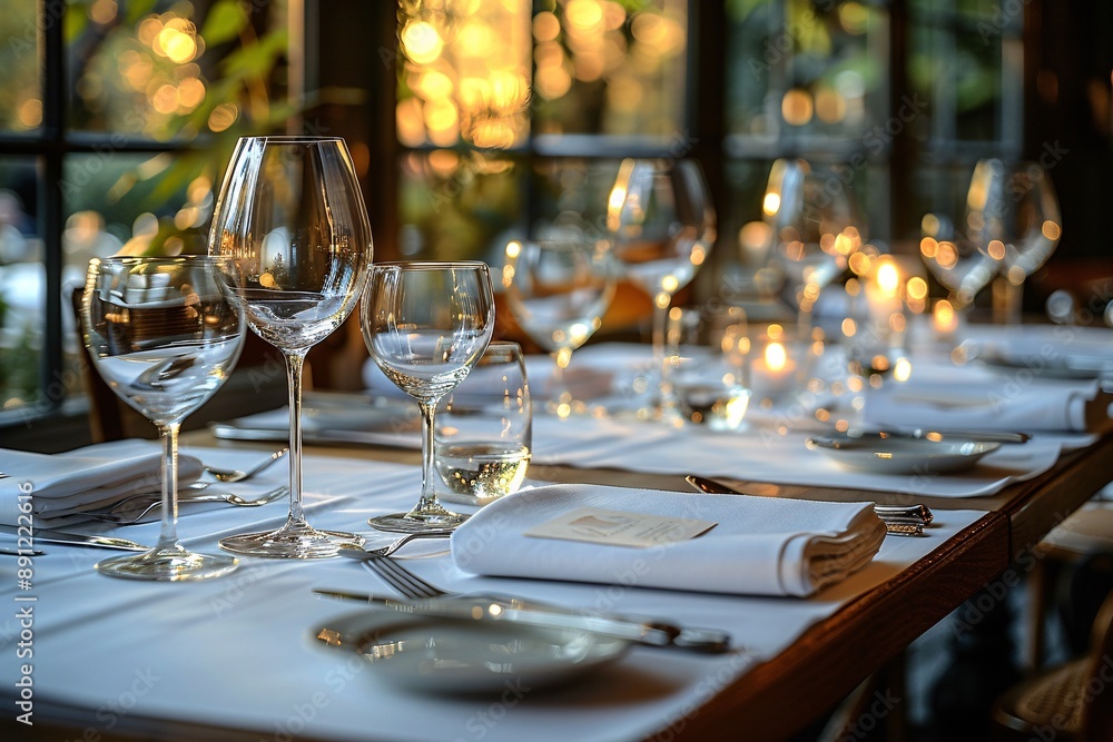 Elegant dining setup with wine glasses, plates, and candles on a long table. Elegant dining setup with wine glasses, plates, and candles on a long table.