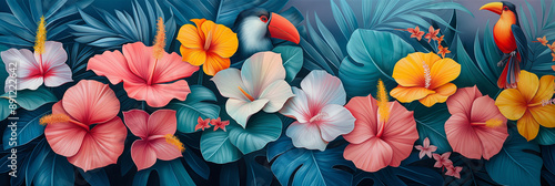 banner of painting colorful tropical flowers with two beautiful Knobbed Hornbills sitting on a branch in the forest,tropical flowers, orchids, anthuriums and green leave .