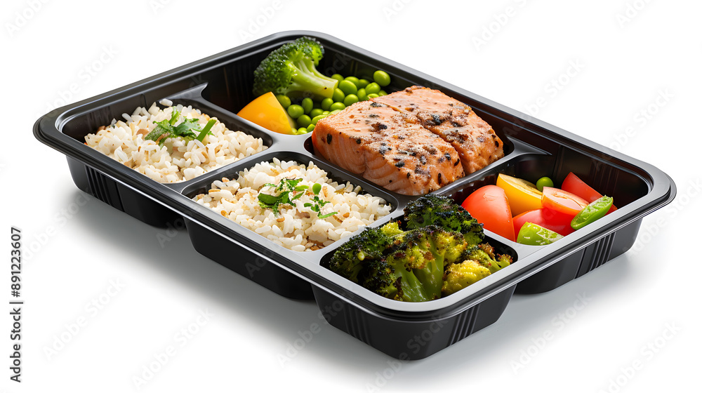 A balanced, healthy meal in a black plastic container featuring grilled salmon, steamed rice, broccoli, peas, and mixed vegetables. Ideal for meal prep and convenient, nutritious eating. A balanced, healthy meal in a black plastic container featuring grilled salmon, steamed rice, broccoli, peas, and mixed vegetables. Ideal for meal prep and convenient, nutritious eating.