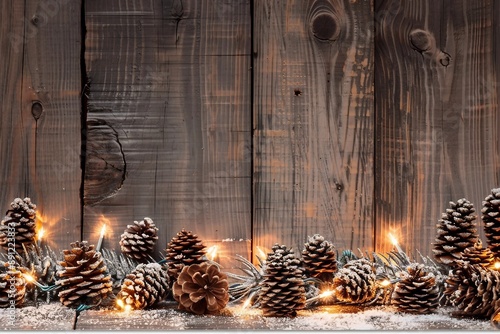 Christmas decoration with lighs and fir cones with natural wooden background photo