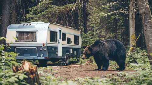 Big black brown bear near a vintage RV camper in the forest. Natural wildlife and retro motorhome scene