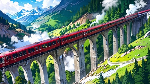 the Glacier Express crossing the iconic Landwasser Viaduct, with its six arches towering over the deep valley below.