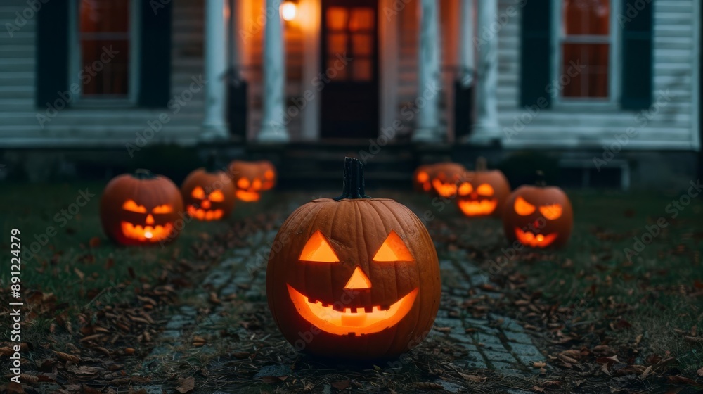 Glowing jack-o-lanterns lining the pathway to a house on Halloween night Glowing jack-o-lanterns lining the pathway to a house on Halloween night