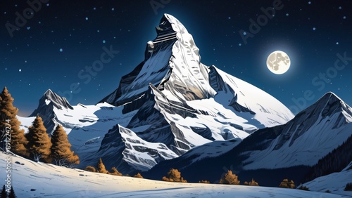 Illustrate the Matterhorn at night, with its iconic peak illuminated by the moon and surrounded by a sky filled with stars.