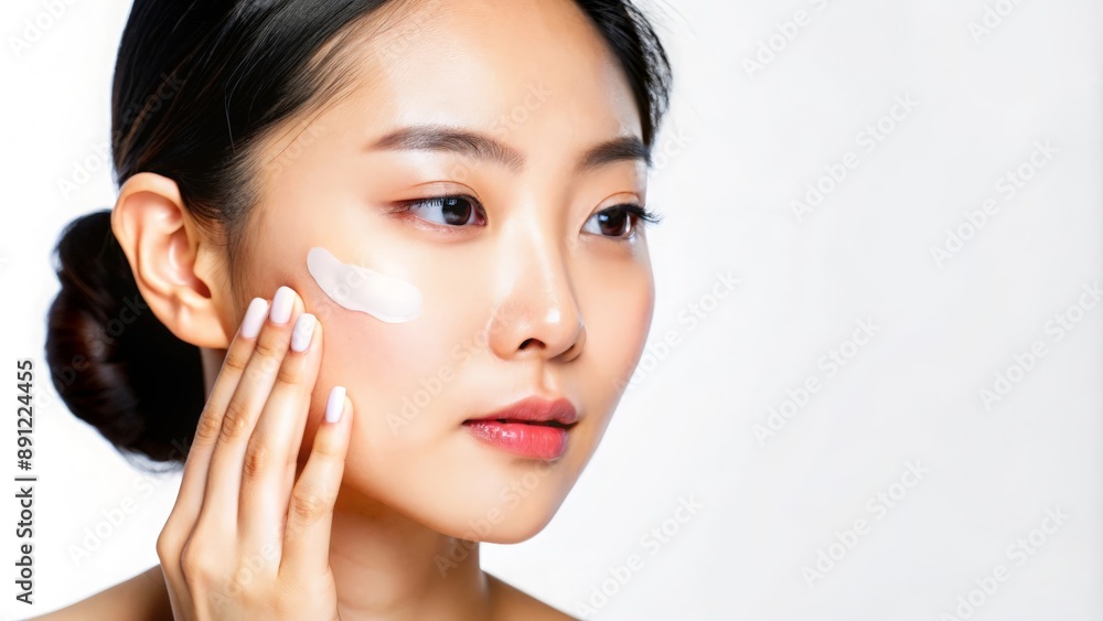 Close-up of a young Asian woman gently applying a skincare product.
Close-up of a young Asian woman gently applying a skincare product.