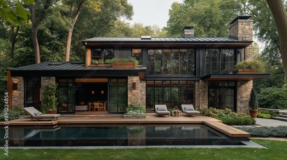 Editorial Style High Angle photograph of house in a transitional modern farmhouse styly that has Mixed materials wood, metal, and concrete in its elements, Large windows, outdoor integration. Editorial Style High Angle photograph of house in a transitional modern farmhouse styly that has Mixed materials wood, metal, and concrete in its elements, Large windows, outdoor integration.