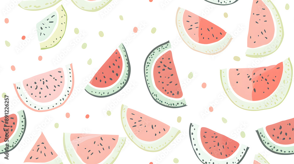 Soft and charming pattern featuring pastel-colored watermelon slices on a white background. Perfect for summer-themed textiles, wallpapers, and creative projects. Soft and charming pattern featuring pastel-colored watermelon slices on a white background. Perfect for summer-themed textiles, wallpapers, and creative projects.