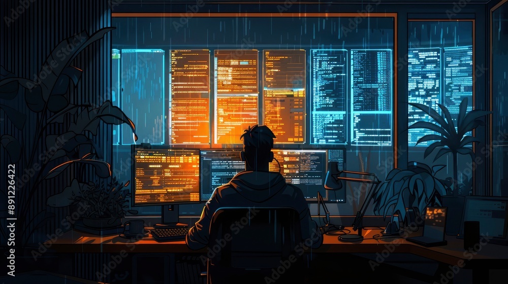An image of a coder working on an open-source project, with multiple windows open showing collaborative tools and code repositories. An image of a coder working on an open-source project, with multiple windows open showing collaborative tools and code repositories.