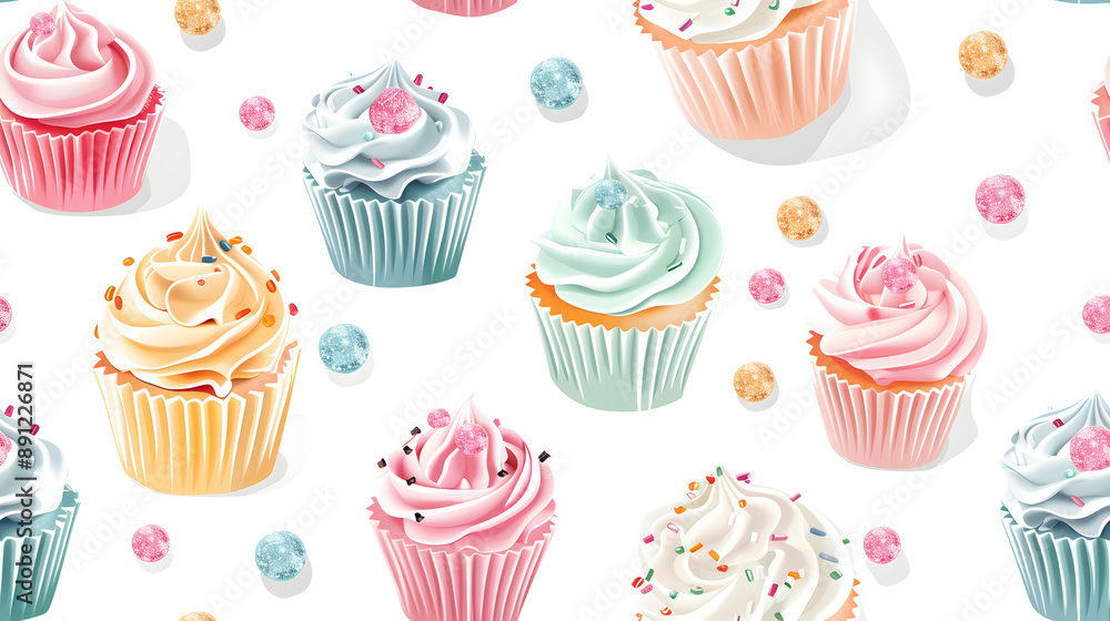 A seamless pattern featuring hand-drawn cupcakes with pastel-colored frosting and sprinkles, creating a delightful and sweet design. Perfect for birthday themes, party decor, and culinary projects. A seamless pattern featuring hand-drawn cupcakes with pastel-colored frosting and sprinkles, creating a delightful and sweet design. Perfect for birthday themes, party decor, and culinary projects.