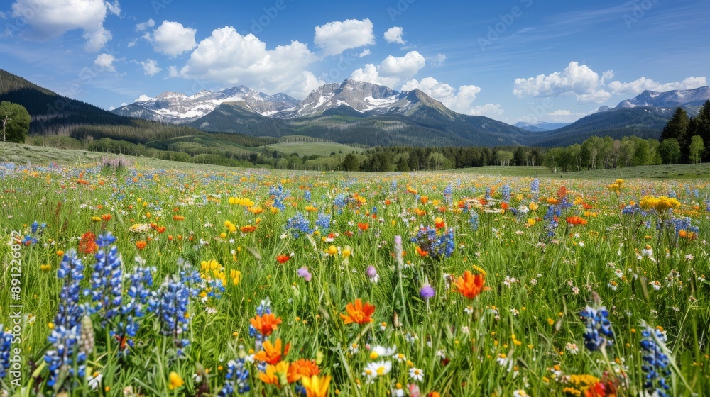 Fototapeta premium Wildflower meadow with a mountain backdrop in spring