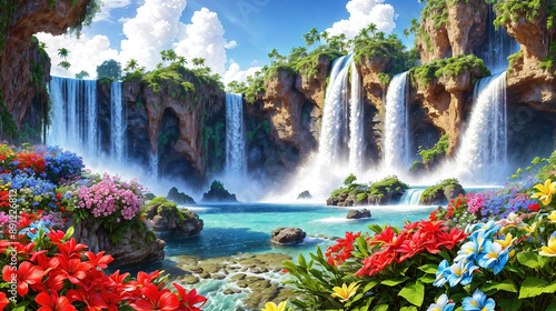 A beautiful paradise land full of flowers, rivers and waterfalls, a blooming and magical idyllic Eden garden.