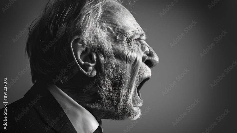Enraged elderly businessman, captured in a side view as he shouts. Simple monochrome background accentuating his anger Enraged elderly businessman, captured in a side view as he shouts. Simple monochrome background accentuating his anger