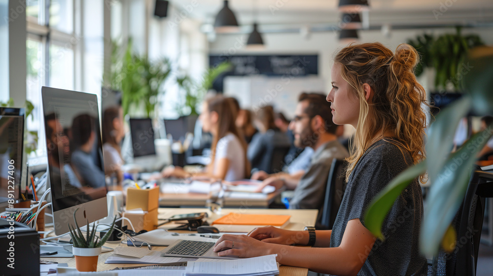 Busy Office: An energetic scene in a modern office space filled with employees engaged in work. Busy Office: An energetic scene in a modern office space filled with employees engaged in work.
