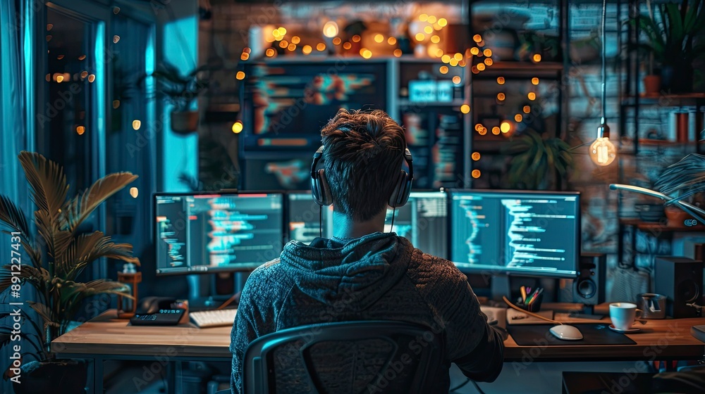A coder working on a game development project, with character models and game environments displayed alongside the code. A coder working on a game development project, with character models and game environments displayed alongside the code.