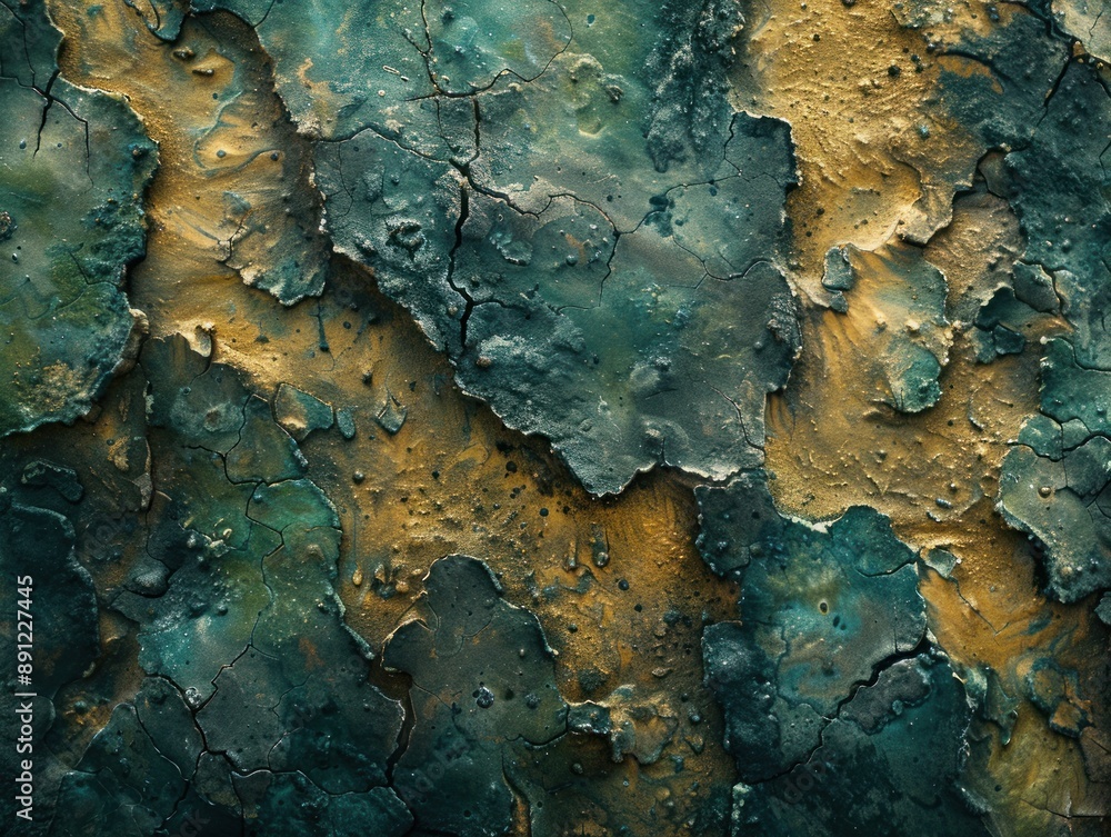 A detailed view of cracked and weathered earth, revealing green and gold tones A detailed view of cracked and weathered earth, revealing green and gold tones