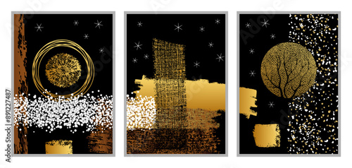 3 affiches artistiques, ou triptyque, de formes géométriques, composées de différentes formes et textures, aux couleurs or, cuivre et blanches sur un fond noir.